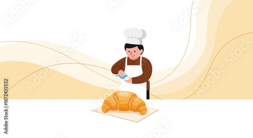 Baker Preparing Freshly Baked Croissant With Icing Sugar, Culinary Delight