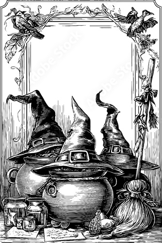 Mystical witchcraft scene with hats and cauldrons in vintage engraving style for halloween design