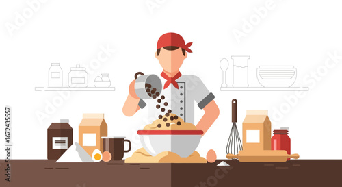 Baker Preparing Mixture with Flour and Ingredients for Culinary Masterpiece in Kitchen