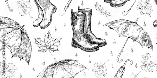 Vintage autumn elements seamless pattern with engraved boots, umbrellas, and leaves