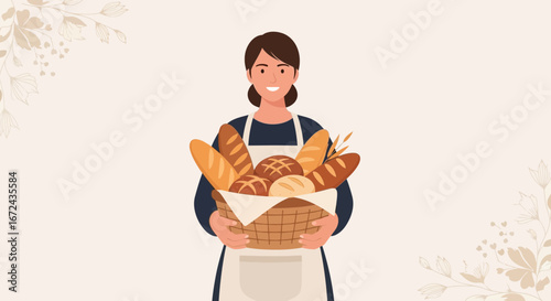 Baker Presenting a Basket of Baked Breads in a Warm Bakery Setting