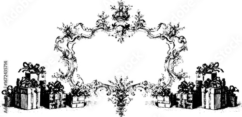 Ornate vintage engraving with floral frame and gift boxes for holiday design