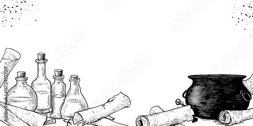 Vintage alchemy scene with scrolls, bottles, and cauldron for retro design projects