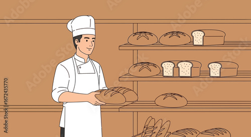 Baker Presenting Freshly Baked Artisan Bread In His Bakery