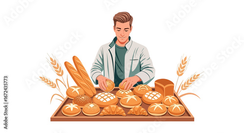 Baker Presenting Fresh Various Bakery Products Made Using Traditional Methods