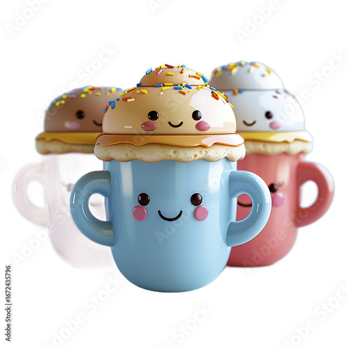 Adorable Cartoon Mugs on White Background