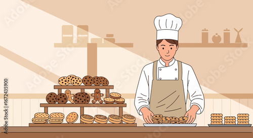 Baker Presenting Freshly Baked Cookies and Biscuits in a Cozy and Warm Bakery Environment