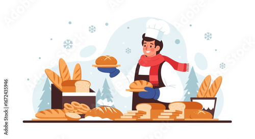 Baker Presenting Freshly Baked Goods with a Wintery Backdrop in Delightful Illustration