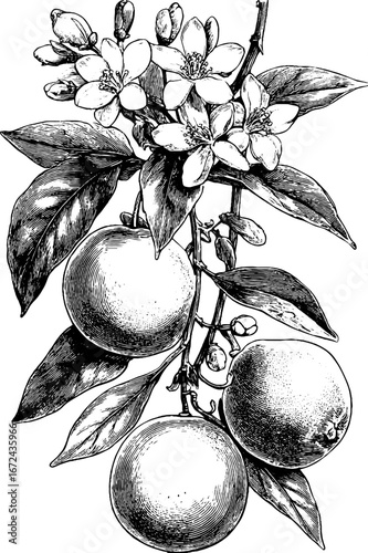 Vintage citrus branch sketch - highly detailed black and white hand drawn engraving design for retro art