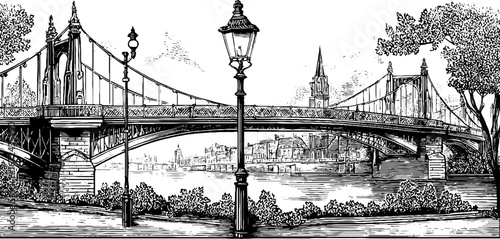 Highly detailed vintage engraving of a scenic bridge and cityscape for artistic decor