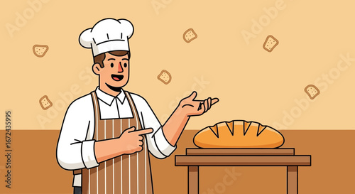 Baker Presenting Freshly Baked Loaf Of Bread With Delightful Gesticulation