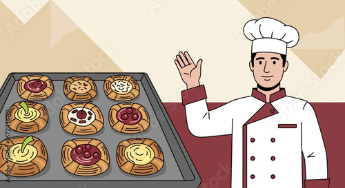 Baker Presents Delicious Pastries Freshly Baked With Various Fruit Fillings And Designs