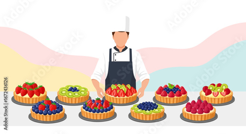 Baker Presents Beautiful Fruit Tarts, Showcasing Culinary Skill And Delicious Desserts
