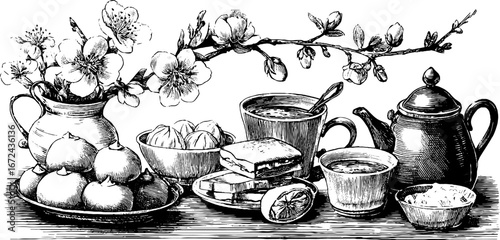 Vintage black and white tea time scene with floral and tableware sketch for retro design