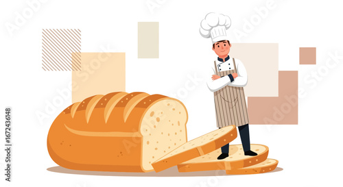 Baker Presents Freshly Baked Bread Featuring Sliced Loaves, Professional and Smiling
