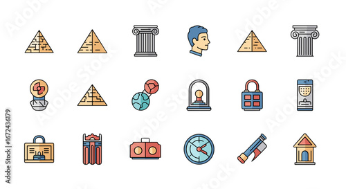 Collection of various historical and archaeological icons set