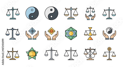 Illustrations of scales of justice and yin yang symbols arrayed