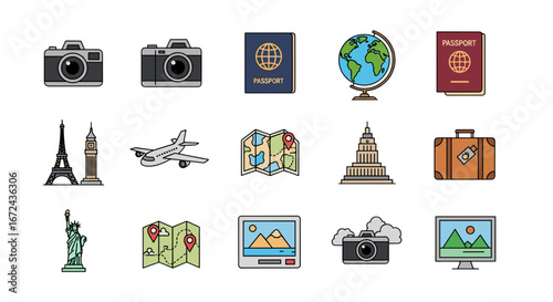 Collection of travel icons featuring landmarks and equipment