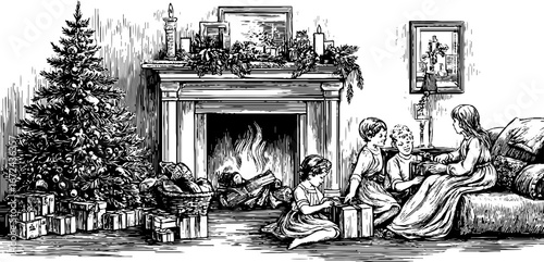 Vintage christmas scene with family by fireplace - holiday celebration and gift exchange
