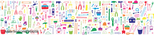 Vibrant dense collage of assorted workshop tools and hardware in a rainbow color palette featuring hammers, wrenches, pliers, saws, screwdrivers, buckets, nails, bolts, levels