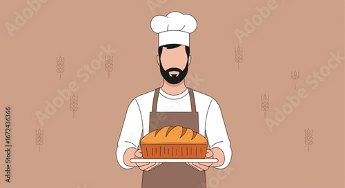 Baker Proudly Presenting Beautiful Bread Loaf with Wheat Element Illustration Design