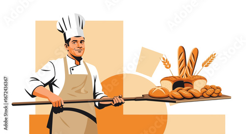 Baker proudly presenting assortment of oven-fresh artisanal bread and baked goods vector