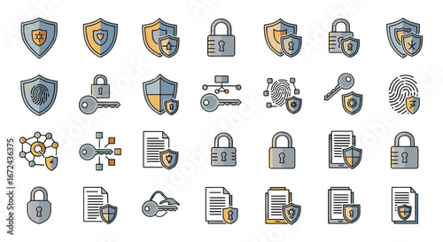 Collection of security icons featuring locks shields and keys