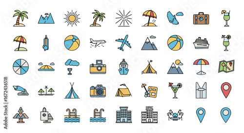 Collection of travel themed icons including beach and lodging