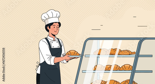 Baker Proudly Showcasing Freshly Baked Croissants Beside Display Case, Restaurant Scene