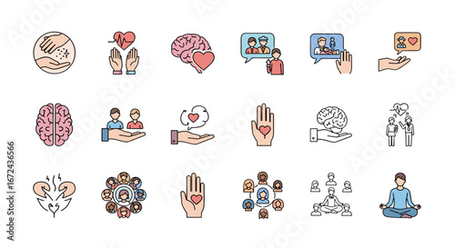 Illustrations representing mental health and well being icons
