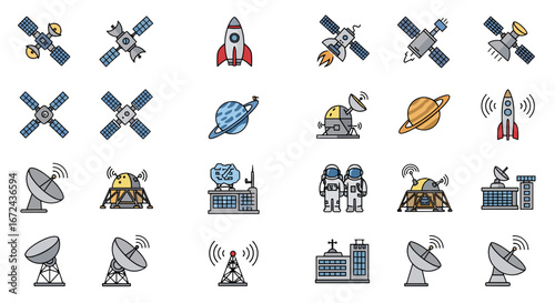 Illustration of various space exploration and technology icons