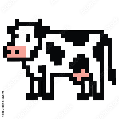 Pixel art cow standing facing left simple 8 bit style isolated on white background