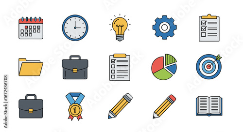 Various business and office icons arranged in a neat display