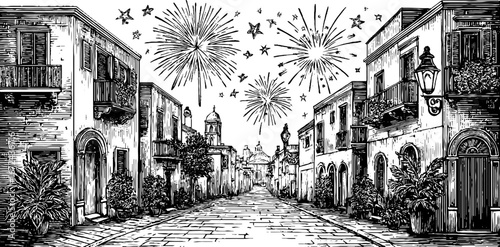 Vintage cityscape with fireworks celebration - hand-drawn black and white engraving for festive design
