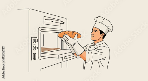 Baker Removing Freshly Baked Loaf From Oven in Minimalist Illustration