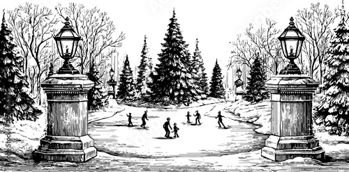 Winter landscape with ice skating scene in detailed vintage engraving for seasonal greeting cards