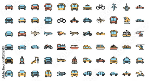 Collection of various transportation vehicles in cartoon style