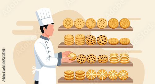 Baker Showcasing Delicious Cookies Freshly Baked and Artistically Arranged on Shelves for Sale