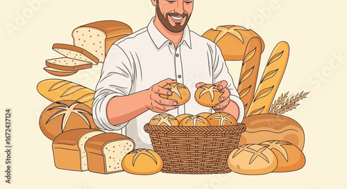Baker Showing Fresh Baked Products With Various Loaves of Bread for Sale
