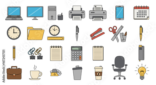Illustration of various office supplies and business items