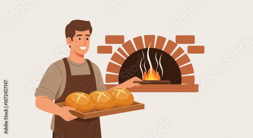 Baker Shows Fresh Loafs of Bread Near a Brick Oven with Flames in the Background