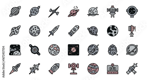 Collection of twenty four space themed icons in cartoon style