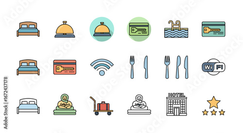 Illustration of hotel amenities and services icon collection