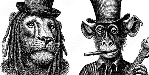Whimsical vintage lion and monkey in top hats - detailed black and white engraving