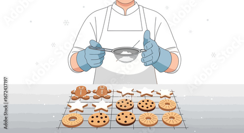 Baker Sifting Powdered Sugar on Cookies, Preparing Seasonal Holiday Treats and Sweets