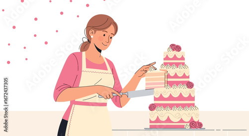 Baker Slicing Delicious Layered Cake for Special Occasion or Celebration, Dessert Time