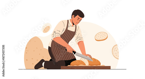 Baker Slicing Fresh Bread with Delight, Demonstrating Culinary Craftsmanship and Expertise Perfectly