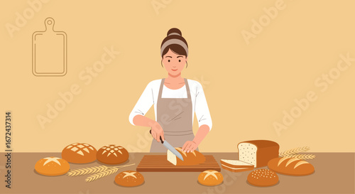Baker Slicing Fresh Loaf Of Bread In A Bakery Kitchen, Preparing For Serving
