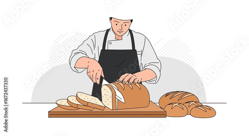Baker Slicing Fresh Loaf of Bread on Wooden Board in Kitchen Environment