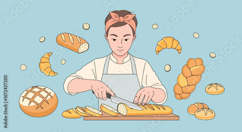Baker Slicing Freshly Baked Bread Surrounded By Various Baked Goods Illustration